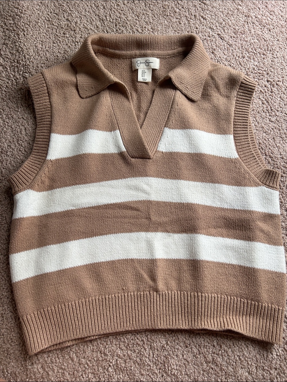 Jessica Simpson Cream and Taupe Striped Sleeveless V-Neck Sweater Vest
